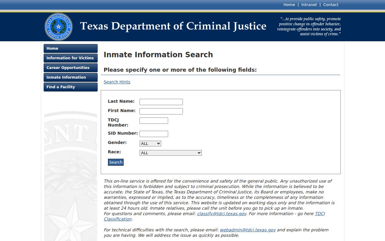Camp County arrest lookup through TDCJ inmate search