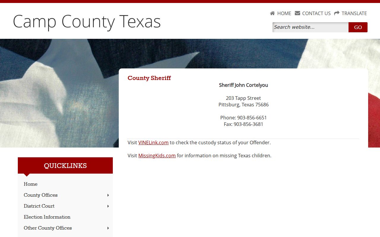 Camp County arrest lookup Sheriff contact page