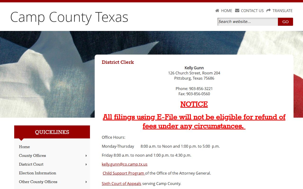 Camp County criminal court case District Clerk page