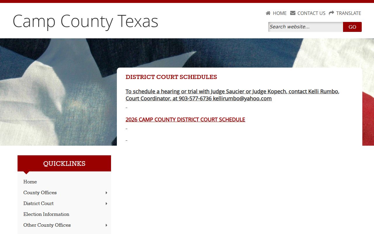 Camp County criminal court case calendar page