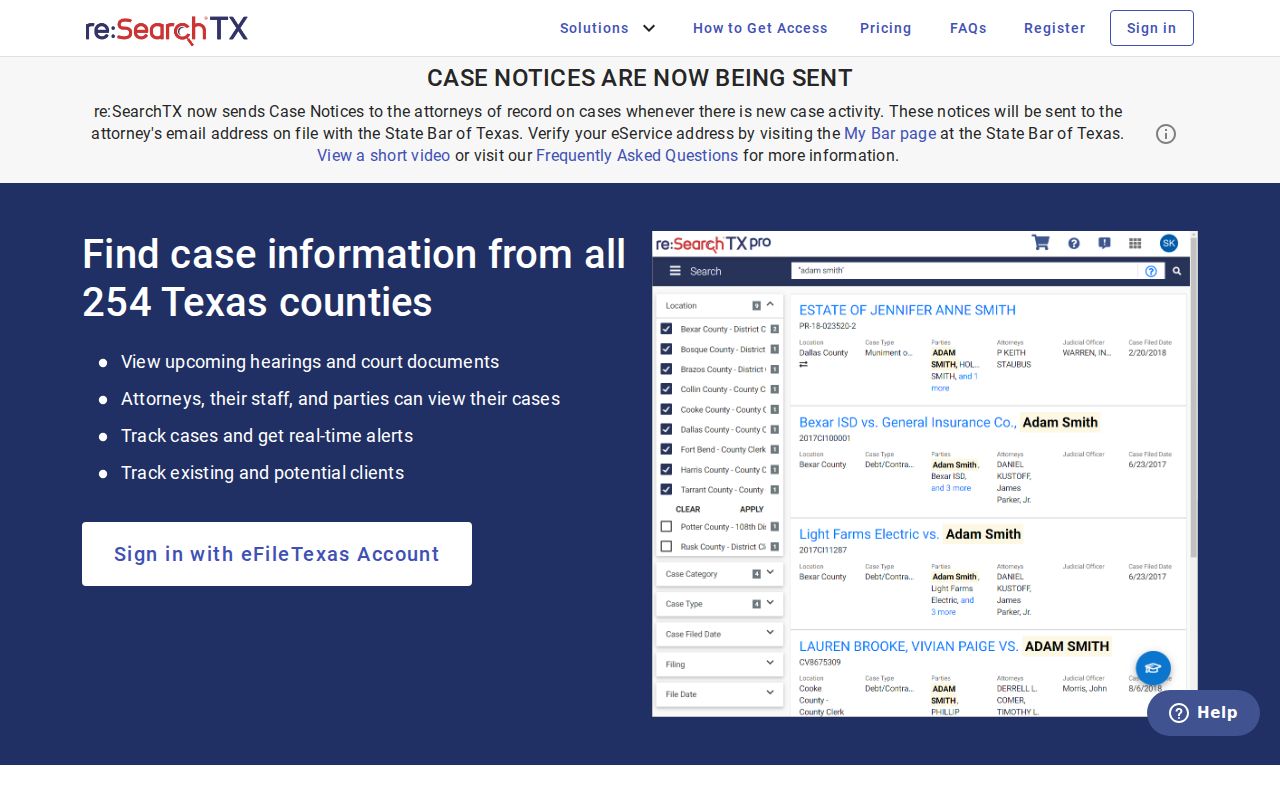 Camp County criminal court case search on re SearchTX