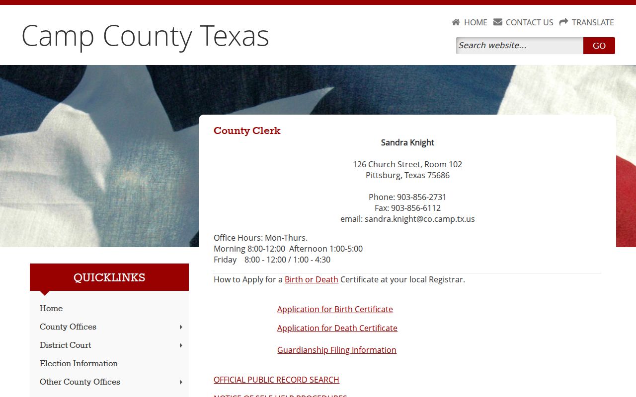 Camp County criminal court case County Clerk page