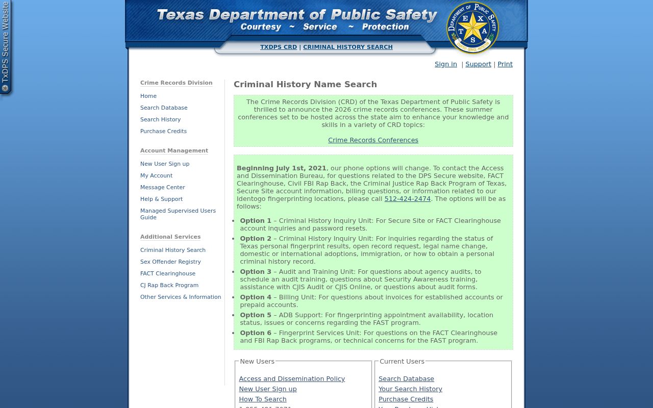 Texas DPS conviction search portal for Camp County criminal records