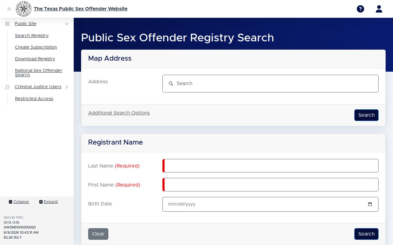 Camp County sex offender registry search interface from Texas DPS
