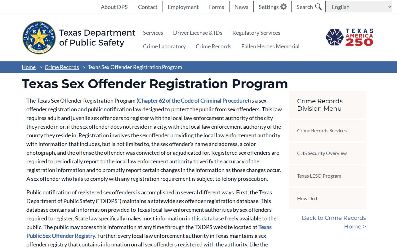 Texas DPS sex offender registration program information for Camp County searches