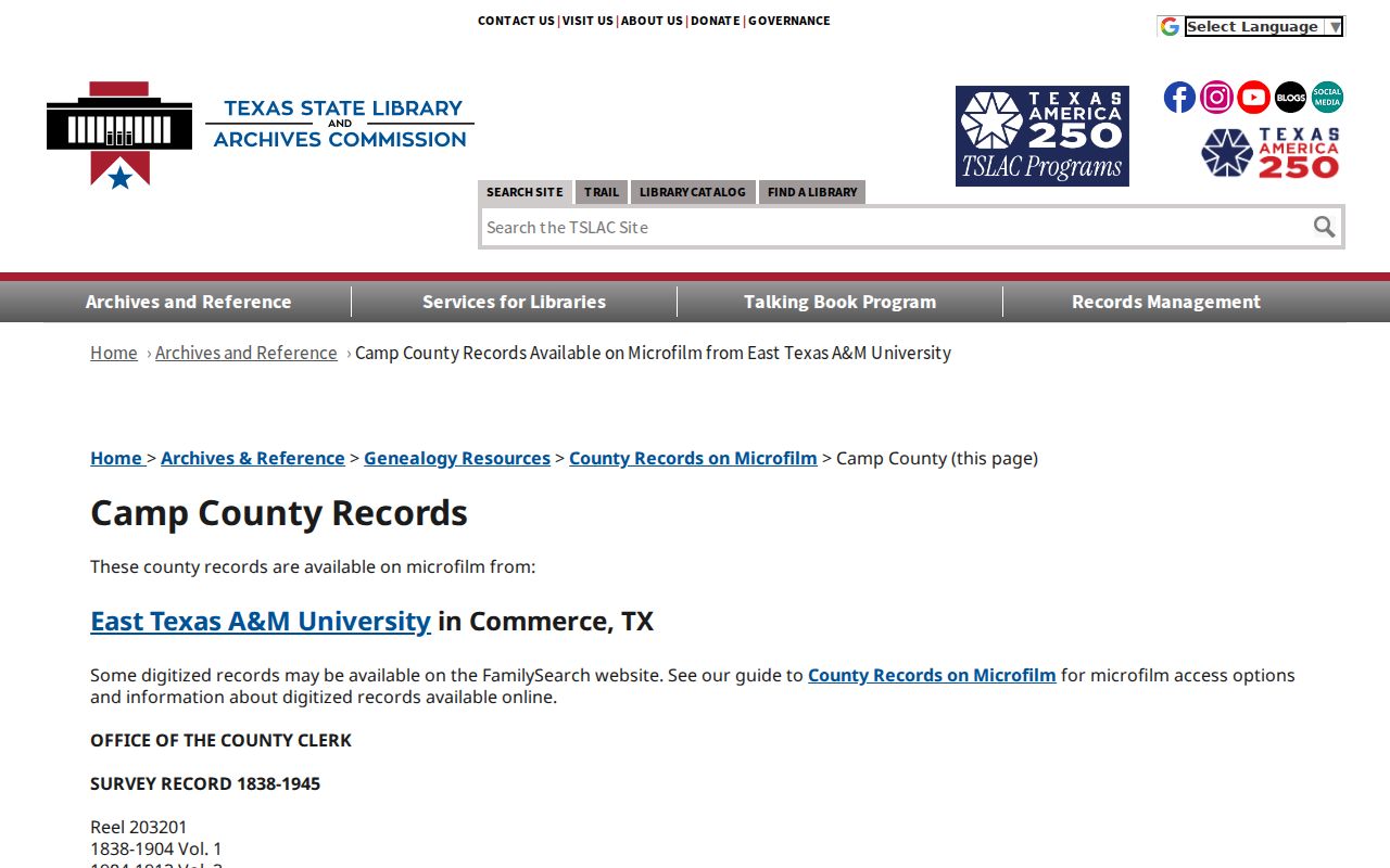 Texas State Library inventory supporting historic Pittsburg criminal records research in Camp County